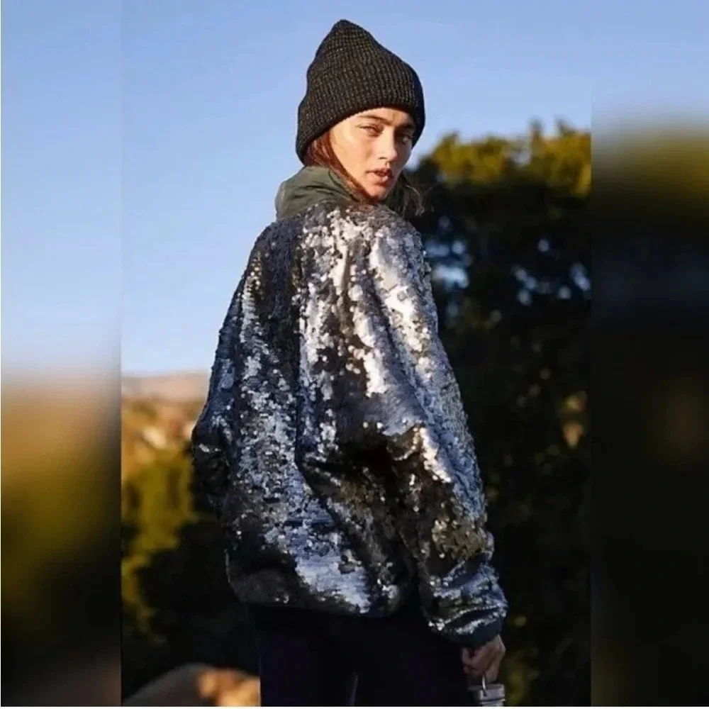 Free People Movement Hit The Slopes Sequin Jacket, Silver, X-Small, MSRP $298 - Picture 12 of 14
